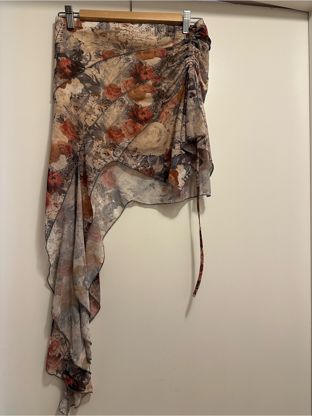 Urban Outfitters Floral Asymmetrical Ruched Wrap Skirt - Beige, Rust, Gray